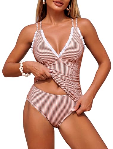 ZAFUL Womens Tankini Bathing Suits Modest Two Piece Swimsuit Smocked Push Up Slimming Tankinis with High Waisted Full Coverage Bottom Adjustable Straps Ruched Tummy Control Swimwear Red Striped L