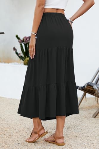 YSYOKOW Women's Boho Maxi Skirt with Pockets - Elastic High Waist Flowy Tiered A-Line Long Skirts for Summer Vacation 2026(Black, Large)