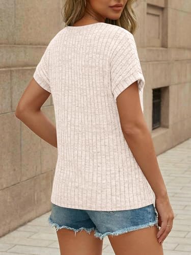 AUTOMET Womens Lace Short Sleeves Shirts Crochet Spring Loose Tops Dressy Business Casual Blouses Summer Fshion Tunics Apricot L