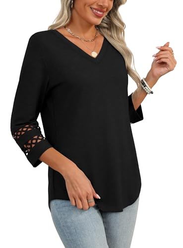 Blouses for Women Dressy Casual 3/4 Length Sleeve Womens Tops V Neck Tshirts Summer Beach Vacation Clothes Fashion Black L
