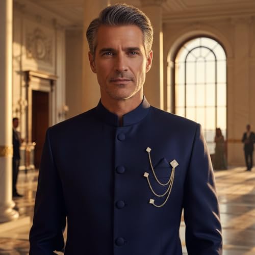 I Jewels 18K Eye Catching Stone Studded Indian Wedding Bollywood Three Chain Pin Brooch for Men Sherwani Suit Blazer Kurta Brooch (SM58) (SM38)