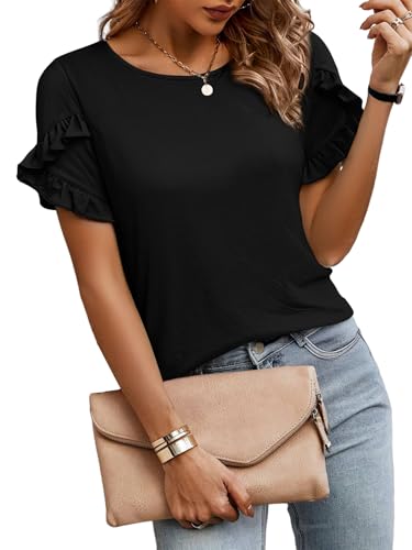 Xosini Short Sleeve Shirts for Women Ruffle Cute Tops Crewneck Tees Dressy Casual Fashion Blouse Chic Petal Spring Summer Outfits Pleated T-Shirts 2026 Beach Vacation Essentials Clothes,Black,L