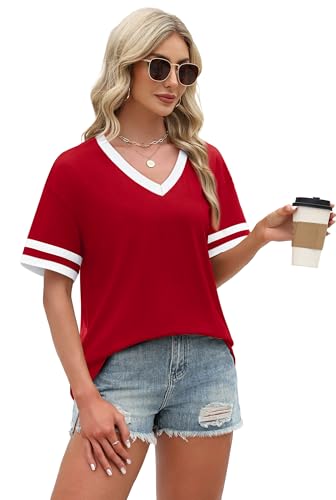 Short Sleeve Shirts for Women Plus Size Fashion Clothing Workout Tops for Women Trendy Spring Oversized Tshirts Womens Tops Dressy Casual Valentine Summer Outfits Cute Womens Clothes T Red XL
