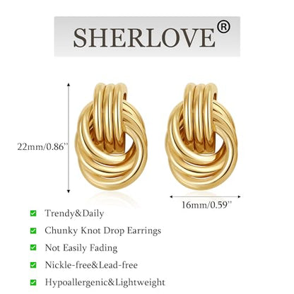SHERLOVE Trendy Gold Plated Knot Earrings for Women Chunky Statement Drop Dangle Earrings Lightweight Hypoallergenic Fashion Accessories Gifts for Womens Gold Jewelry