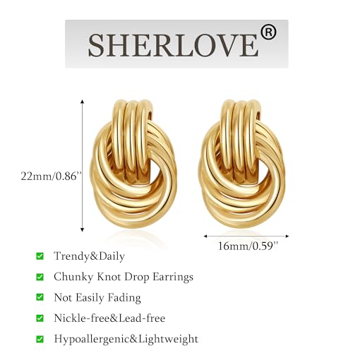 SHERLOVE Trendy Gold Plated Knot Earrings for Women Chunky Statement Drop Dangle Earrings Lightweight Hypoallergenic Fashion Accessories Gifts for Womens Gold Jewelry