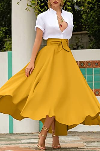 chouyatou Women's Elegant High Waisted Side Slit Irregular Bohemian Maxi Skirt with Pockets (Medium, Yellow)