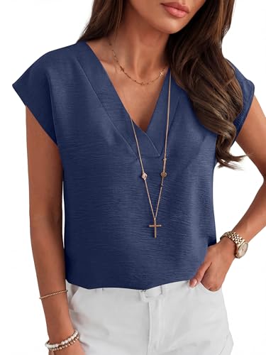 ANRABESS Women Tops Cap Sleeve Dressy Casual V Neck Shirts 2026 Summer Business Work Blouses Outfits Trendy Spring Clothing Navy Blue Medium