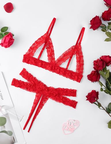 Avidlove Lace Lingerie Set for Women Sexy Cutout Matching Bra and Panty Sets 2 Piece Wireless Bralette Outfits Red L