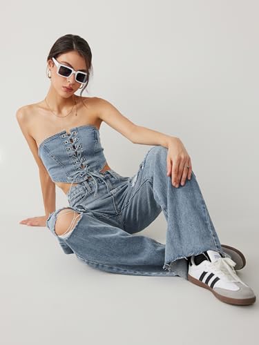 CIDER Women’s Ripped Jeans High Waisted Distressed Baggy Straight Wide Leg Pants: Denim, M