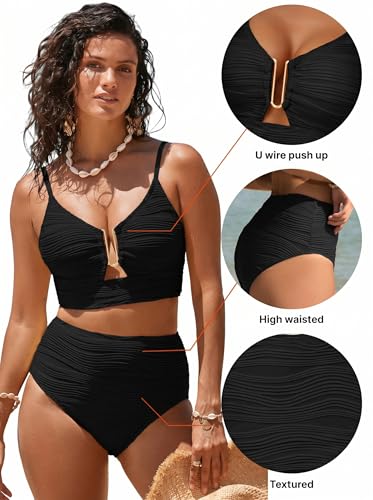 Herseas Women Popular Swimsuits Two Piece U-Wired Push up Ribbed Ruched High Rise Bikini Sets Longline Modest Solid Flattering Swim Suit Cruise Essentials 2026 Summer Black Large