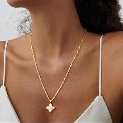 Fettero Gold Clover Necklace for Women Dainty 14K Gold Plated CZ Pendant Necklace Charm Colorful Clover Pendant Lucky Necklaces for Women Jewelry - White Mother of Pearl
