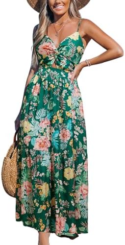 Sundresses - CUPSHE Women's Maxi Dress Floral Print Twisted V Neck Sleeveless Long Dress Summer Casual Dress Green
