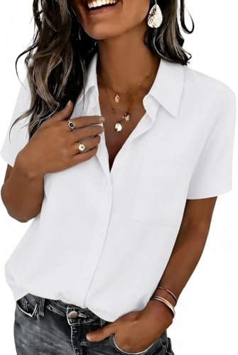 Zeagoo Blouses for Women Short Sleeve Tops Business Button Down Shirt Casual Vneck Work Outfits Dressy Collared Basic Clothes White