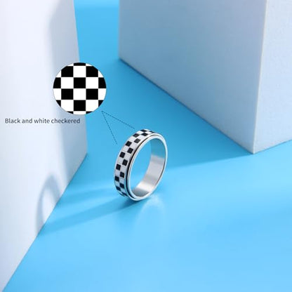 Checkered Fidget Ring for Adults - 18K Gold Plated Stainless Steel Rotating Spinner Jewelry, Anxiety & Stress Relief Gift for Women/Men (Black and White Pattern) (Checkerboard Ring_Silver, size 9)