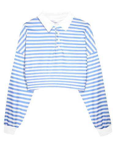 Natalie Winters Dress - Remidoo Women's Collared Half Button Long Sleeve Striped Crop Top Sweatshirt Blue White-1