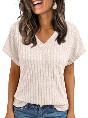 AUTOMET Womens Spring Tops 2026 Summer Dressy Casual Blouses Short Sleeve Cute V Neck Sweater Shirts Fashion Vacation Clothes Apricot M