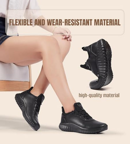SHULOOK Non Slip Work Shoes for Women Food Service Water Resistant Sneakers Waterproof Kitchen Chef Restaurant Lace Up Walking Lightweight Comfortable Nursing Working Footwear Black Size 7.5