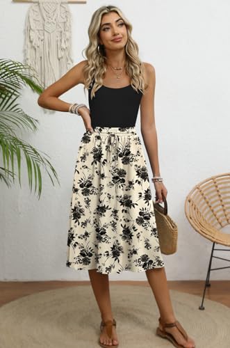 MLXSJ Women's Midi Skirt Summer Pleated Flowy Elastic High Waisted Skirts with Pockets (Black Floral Light Beige, L)