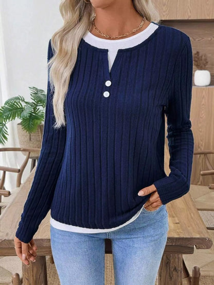 Ribbed Knit Button Detail Contrast Sweater
