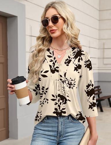 IECCP Womens Tops Dressy Casual Blouses Business Casual 2025 Summer 3/4 Sleeve Shirts Cute V Neck Puff Pleated Tunic Top (Apricot Black Floral,XL)