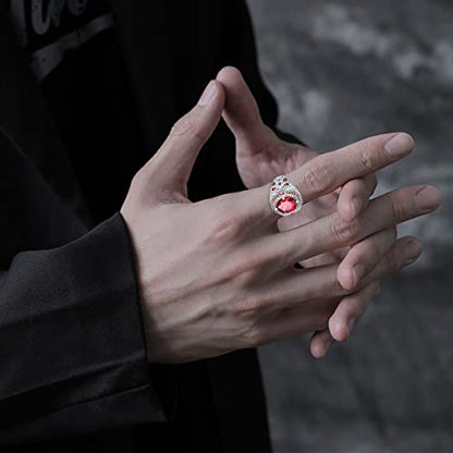 PYTALI Round Garnet Gemstone Ring for Men Sterling Silver Oxidized Men's Ring Vintage Retro Jewelry(9)