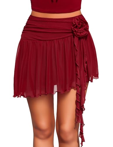 Avidlove Women's Mini Skirt Mesh Flowy Y2K Skirts 3D Flower Asymmetric Hem Skirt Wine Red L