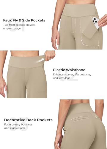 Willit Women's Yoga Pants Wide Leg Dress Work Pants Stretch Casual Pants Slacks with Pockets High Waist 30" Khaki M