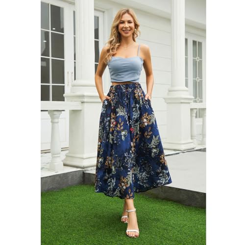 Abaadlw Maxi Skirts for Women with Pockets Long Midi Length Casual Skirt for Beach Party Holiday (A31 Blue Floral L)