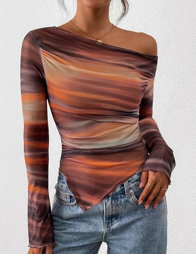 PRETTYGARDEN Womens Fall Trendy Off Shoulder Y2k Tops 2026 Tie Dye Mesh Long Sleeve Shirts Asymmetrical Ruched Floral Blouse (Floral Brown,Medium)