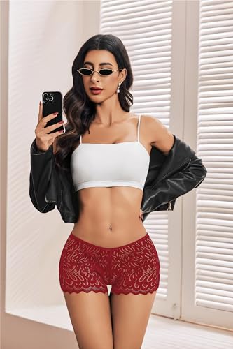 Avidlove Lace Underwear for Women Sexy Boyshorts Panties Full Coverage Cheeky Boxer Briefs Wine Red S