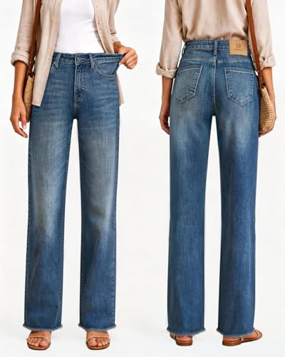 UPNET Womens High Waisted Jeans Stretchy Straight Leg Loose Fit Tummy Control Raw Hem Denim Pants Trendy 2025 Fashion (US, Numeric, 8, Regular, Regular, Blue)