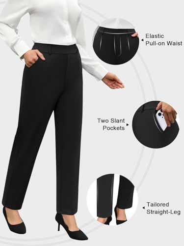 DLOODA Stretchy Work Pants Women High Waisted Pull On Dress Pants Office Business Casual Slacks with Pockets Black Meduim