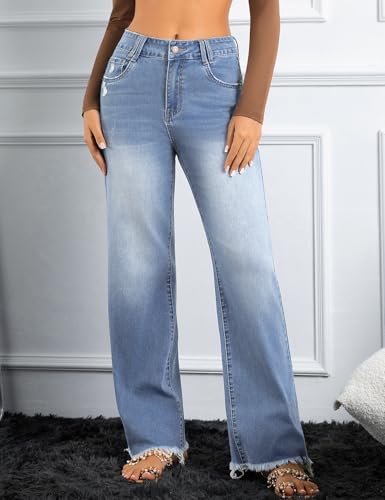 JK SUE JONES Wide Leg Jeans for Women Mid High Waist Straight Leg Boyfriend Mom Denim Pants Frayed Raw Hem