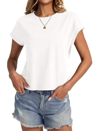 EasyGala Womens Cap Sleeve Crop Tops Cotton T Shirts Crewneck Loose Fit Short Sleeves Tee Summer Fashion Clothes 2025 A-White