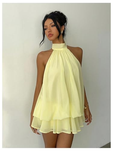Verdusa Women's Chiffon Halter Drop Waist Wedding Guest Dresses Ruffle Summer Mini Dress Brunch Outfits Butter Yellow Large