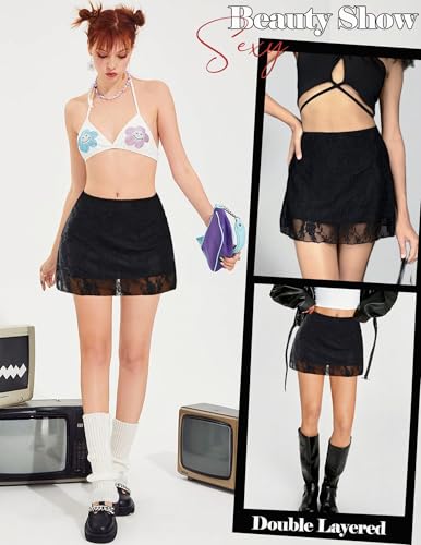 Avidlove Mini Skirt Lace Skirt for Women Sexy Half Slips Short Going Out Skirt Y2K Summer Skirts (Black, L)