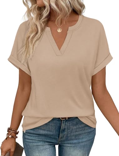 WIHOLL Womens Summer Blouses 2026 Spring Dressy Casual Tops Short Sleeve Tshirts Shirts Khaki M
