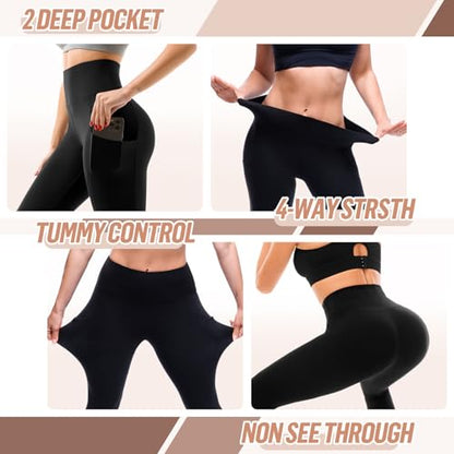 SINOPHANT High Waisted Leggings with Pockets Women, Full Length Capri Buttery Soft Stretchy Yoga Pants(Capri Black,XXL)