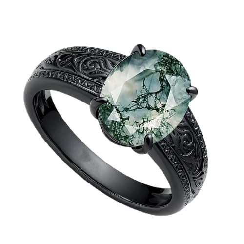 QHQPQ Mens Wedding Band 10K Gold Black Moss Agate Ring 925 Sterling Silver Moss Agate Engagement Ring Gothic Rings Birthday Christmas Gift for Boyfriend Father
