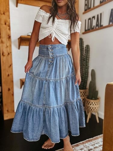 utcoco Women's High Waist Long Denim Skirt Button-Fly Tiered Ruffle Swing A-Line Jean Maxi Skirt with Pockets (Large, Blue)