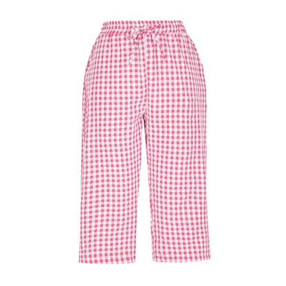 Bermuda Shorts for Womens Drawstring Elastic High Waisted Stripe and Gingham Wide Leg Beach Shorts Slacks with Pockets Pink