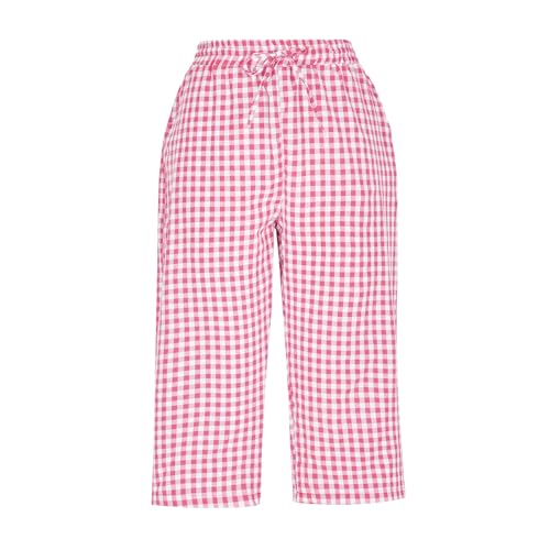 Bermuda Shorts for Womens Drawstring Elastic High Waisted Stripe and Gingham Wide Leg Beach Shorts Slacks with Pockets Pink