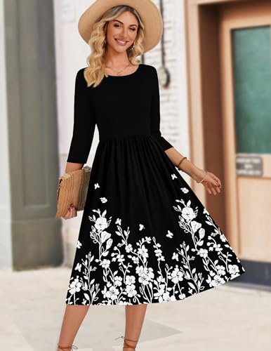 Zeagoo Midi Dress for Women 2026 Casual 3/4 Sleeve Long Dress Floral Summer Boho Dress Hawaiian Vocation Beach Sundress
