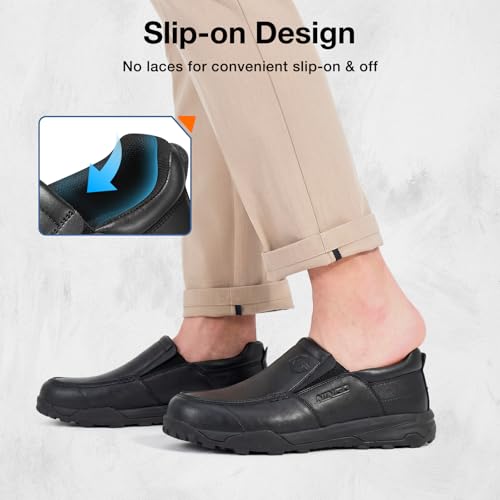 NINGO Slip On Steel Toe Shoes for Men, Lightweight Comfortable Safety Shoes for Men, Water & Slip Resistant Loafers with Puncture Proof, EH Protection for Warehouse, Factory & Outdoor Black