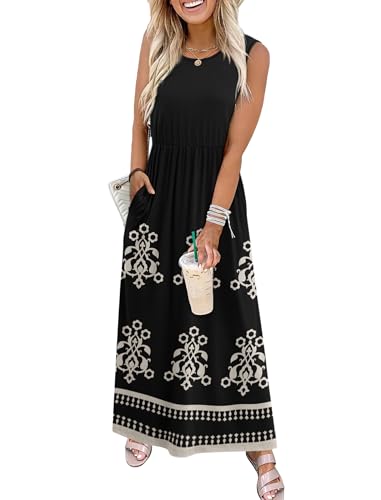 Summer Dresses for Women 2026 Vacation Boho Maxi Dress for Seniors Resort Wear 2026 Cruise Outfits Flowy Work Sun Dresses Modest Black XL
