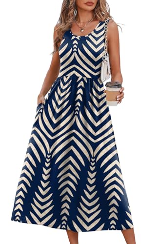 WIHOLL Casual Summer Dresses for Women 2025 Sleeveless Flowy Spring Sun Dress Beach Vacation Hawaiian Sundresses Long Maternity Maxi Midi Dresses for Women Seniors 2026 Navy Stripe M