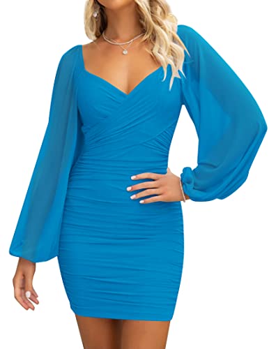 Christmas Party Dress - ZESICA Womens Sexy V Neck Ruched Bodycon Mini Dress Puff Long Sleeve Cocktail Wedding Party Short Dresses Cobaltblue