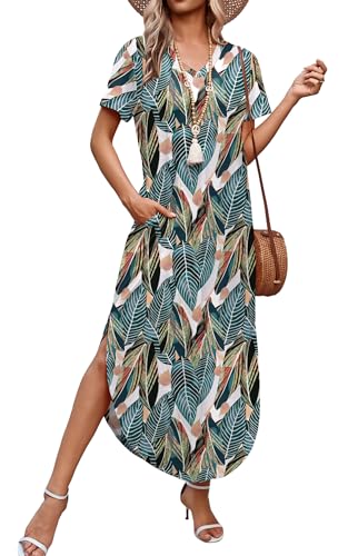 WIHOLL Hawaiian Dresses for Women Flower 2026 V Neck Swing Short Sleeve Dress Sundresses with Pockets M