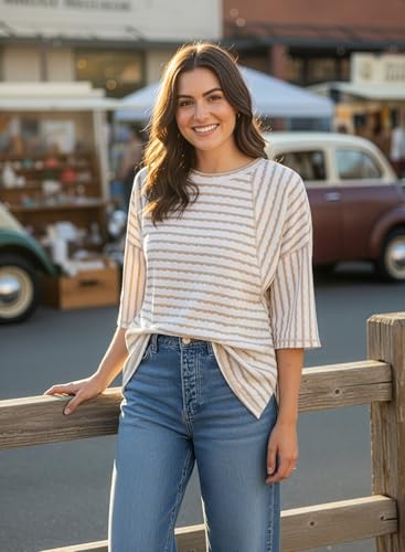 Dokotoo Spring Tops for Women 3/4 Sleeve Women's Clothing Boho Striped Crewneck Oversized Tshirts Dressy Casual Fashion Easter T Shirts Lightweight Pullover Comfy Basic Tees Blouses Apricot Medium
