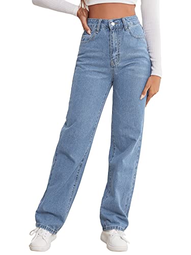 Mom Jeans - MakeMeChic Womens Straight Leg Jeans Casual High Waisted Denim Pants Light Wash B